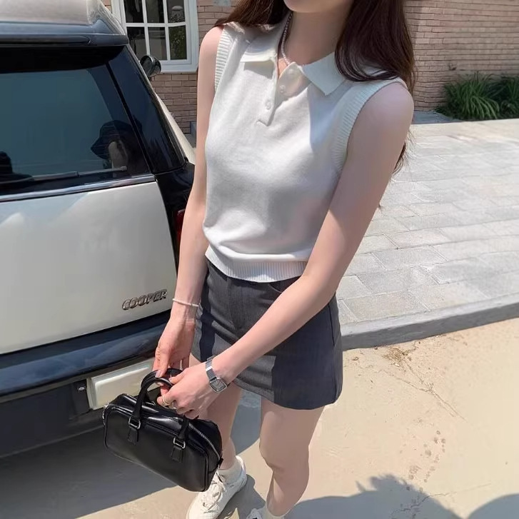 Jmshop Benny Times Old Money Style Polo Knit Sleeveless Top for Women, Summer Design, Slimming Vest