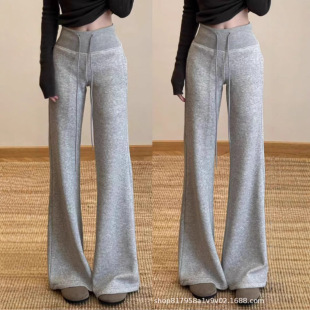 Large size Korean style gray high-waist drawstring micro-flared casual pants for women spring new slim slimming wide-leg floor-length pants