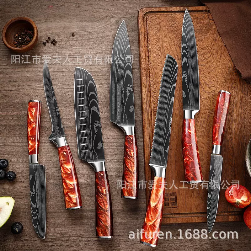 批发亚马逊跨境红色树脂激光大马士革刀图案厨房刀厨师刀三德刀