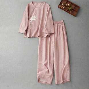 3543 in stock 2025 New Chinese Style Top Wide Leg Pants suit Women's Casual plus size Hemp Pants