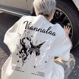 潮牌痞帅蝴蝶印花t恤男生夏季短袖重磅高级感炸街宽松半袖上衣服
