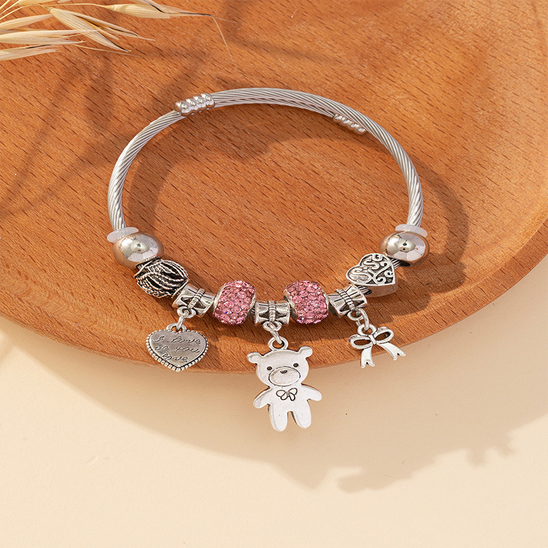 Panjia pulsera Dora DIY cuentas explosivas transfronterizas arco de oso colgante de letra en forma de corazón pulsera de acero inoxidable image 3