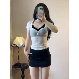 欣旺【官图 原版布料】夏季掐腰辣妹微透紧身半开领纽扣罩衫短恤