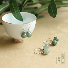 Natural jade oil green earrings temperament small fresh S925 silver ear jewelry girls ear hook fashion and grand 