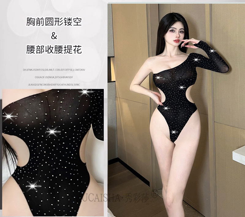 Plus Size Rhinestone-Embellished Mesh One-Piece Lingerie, Black Off-Shoulder Polyester Nightgown — detail image 12