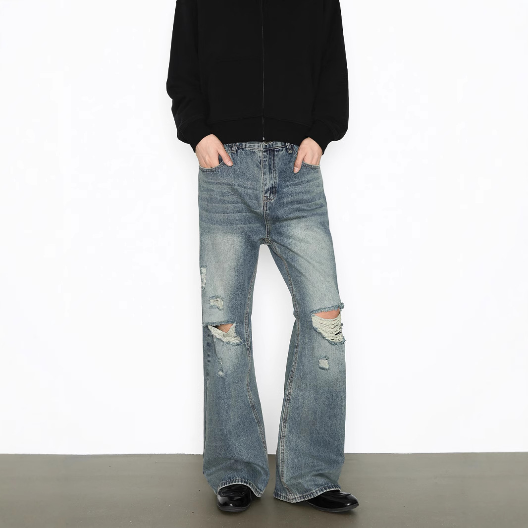 Men's High-Street Vintage Washed Denim Jeans – Distressed Straight To Bootcut Fit_voghion.com