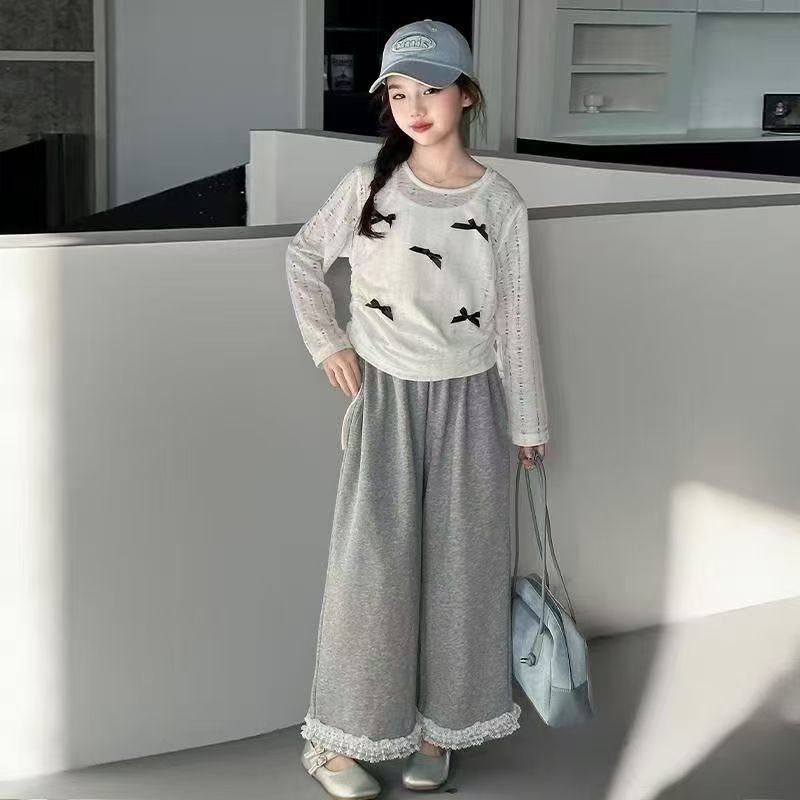 女童慵懒风镂空上衣儿童洋气套装中大童春秋新款蝴蝶结时尚三件套|undefined