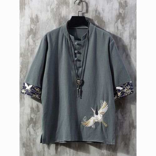 Embroidered flax short-sleeve t-shirt for men, summer thin loose trendy brand large size Tang suit Chinese style cotton linen button-down t-shirt