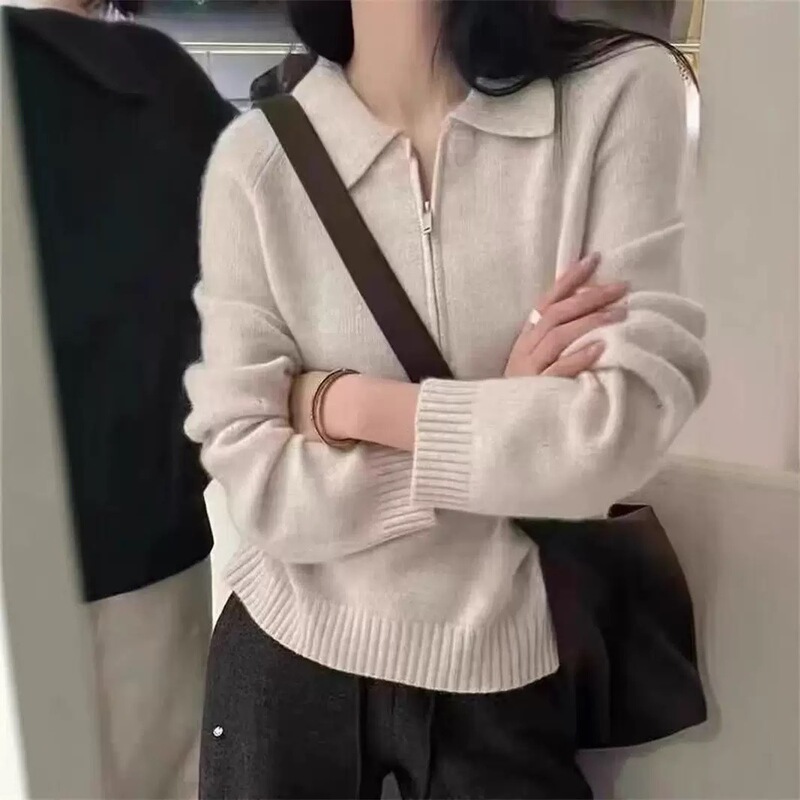 韩系慵懒风半拉链套头毛衣女2025秋冬polo领宽松简约软糯针织衫女|undefined