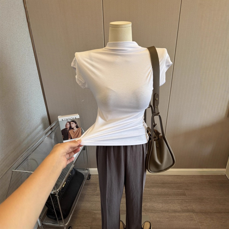 chao柔质感温柔半高领上衣修身短袖T恤女褶皱收腰打底衫弹力内搭|undefined