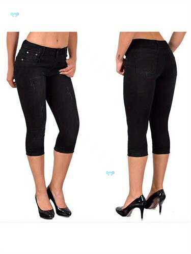 Women's Stretchy Slim Fit Capri Jeans Mid Length Straight