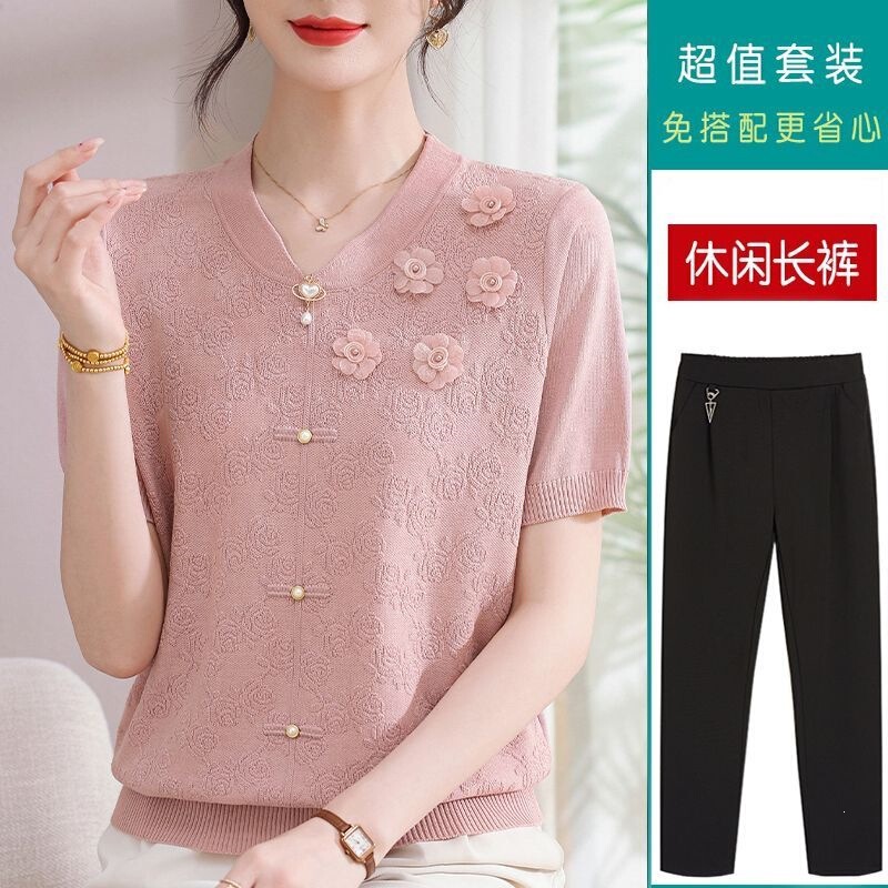2026 New Style Mom's Summer Outfit, Stylish Short-Sleeve T-Shirt, Elegant Blouse, Middle-Aged and Elderly Women's Chinese Style Summer Set