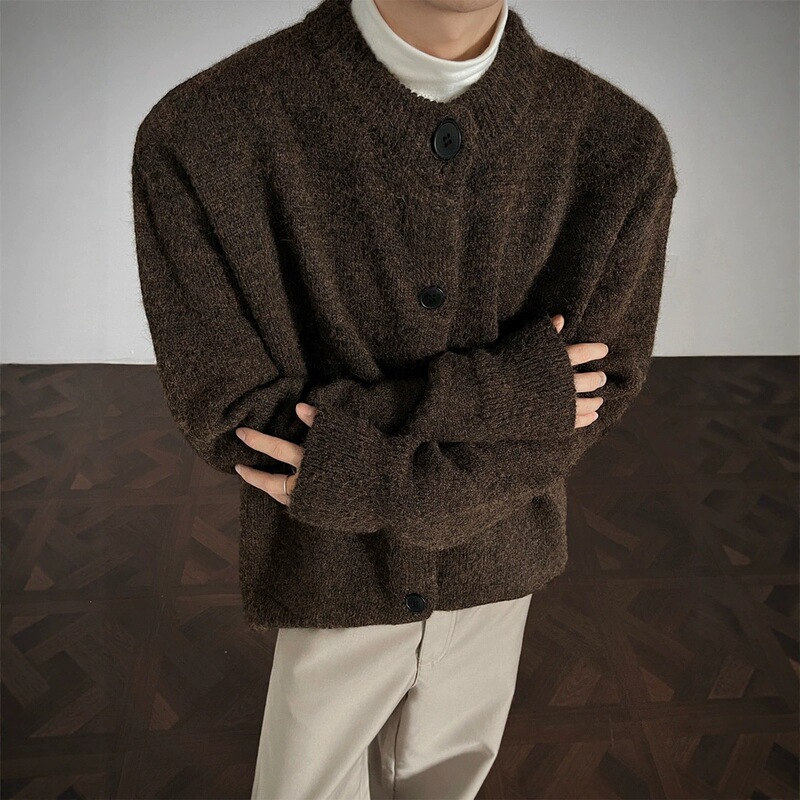 Retro dark brown button-down sweater cardigan, unisex, loose-fitting, stylish, and casual knitwear for autumn