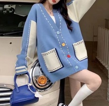藍色V領毛衣外套女裝2022秋冬新款chic韓風小個子甜美針織開衫
