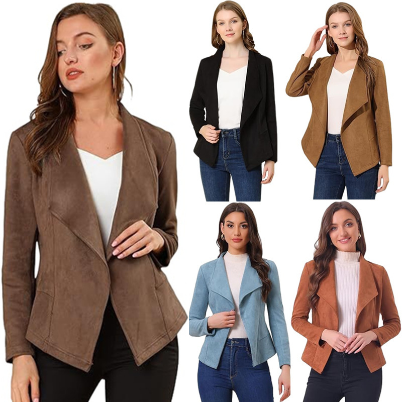 2025 Cross-Border New Fashion Casual Faux Suede Comfortable Fabric Lapel Long-Sleeve Short Jacket Women's Clothing
