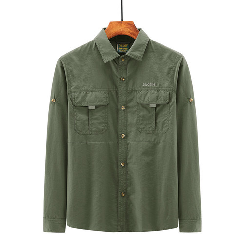 Men's Long-Sleeve Quick-Dry Shirt for Spring and Summer, Outdoor Breathable Loose Work Shirt, Thin Quick-Dry Clothing with Printed Logo