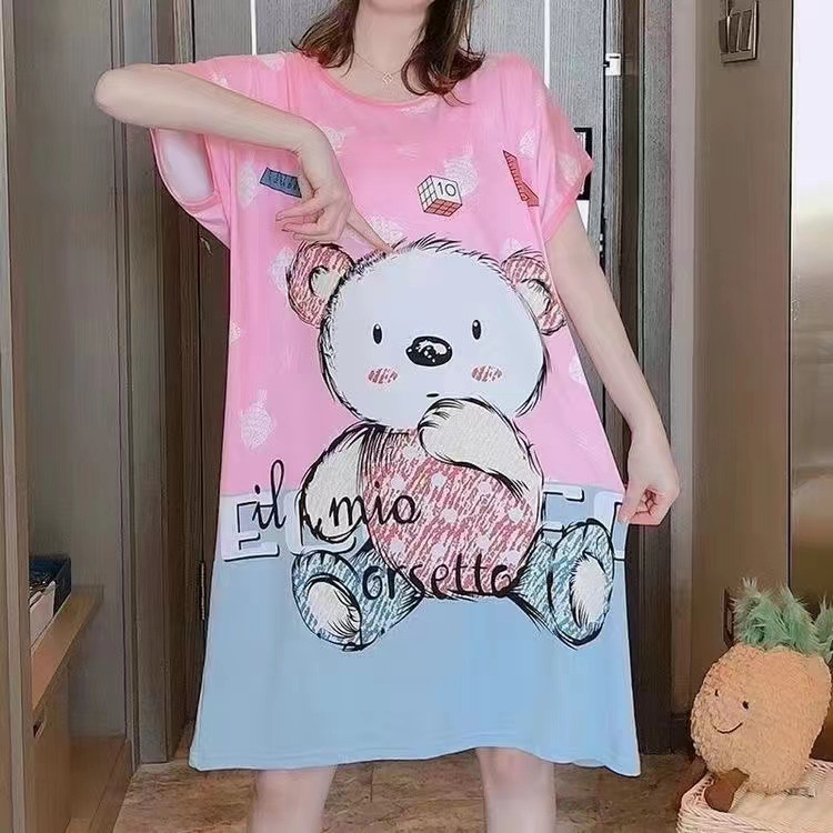 Spot falda de mujer viento perezoso talla grande camisón de mujer manga corta suelta y cómoda cuello redondo lindo vestido de casa con estampado de dibujos animados