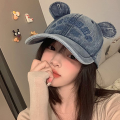 可爱小熊耳朵棒球帽子女韩版显脸小水洗大头围深顶牛仔刺绣鸭舌帽