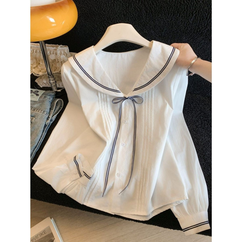 French-Style Girly Navy Collar Bowknot Shirt for Women, Spring 2026 New Model, Campus Uniform Style, Slimming Top French-Style Girly Navy Collar Bowknot Shirt for Women, Spring 2026 New Model, Campus Uniform Style, Slimming Top