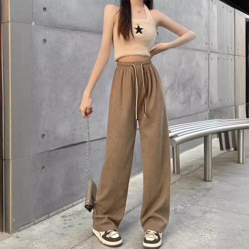 笑脸双抽绳阔腿裤女秋季爆款高腰休闲百搭显瘦宽松直灯芯绒裤子女|undefined