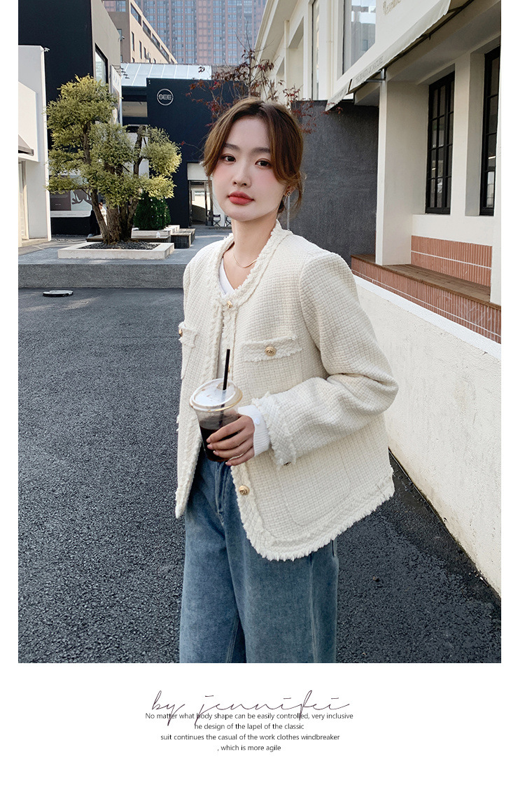 French Women Tweed Jacket White Coat Korean Chic Streetwear