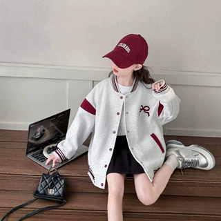 女童蝴蝶结棒球服2026春秋新款洋气中大童时髦休闲甜美学院风外套