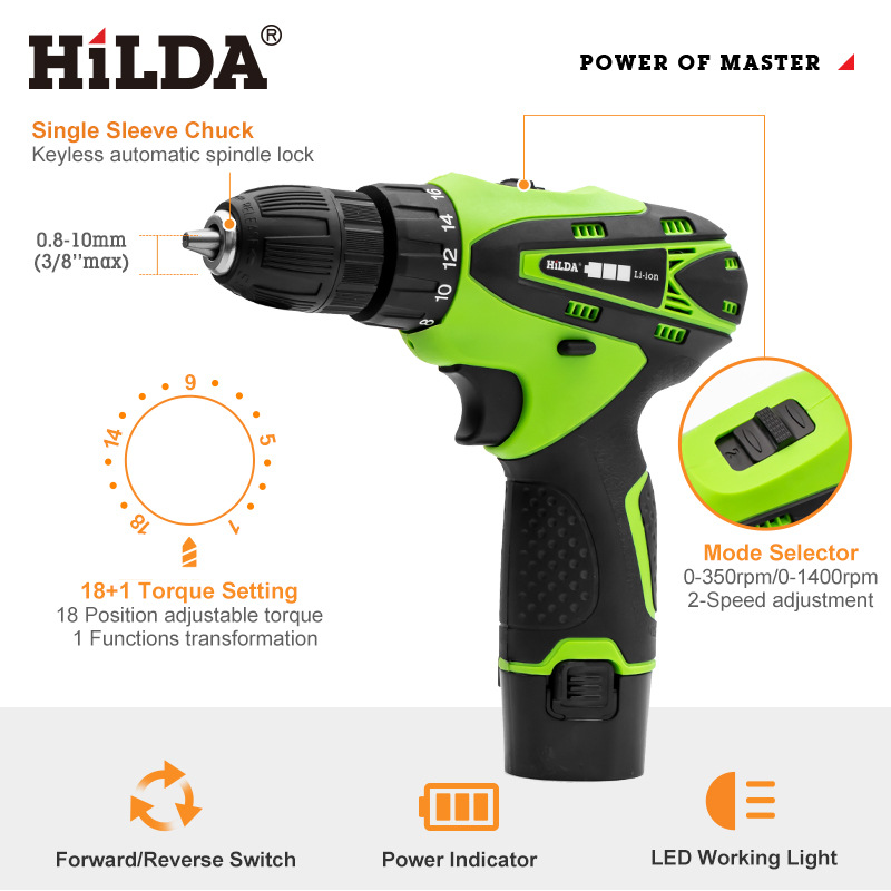 Hilda 12V destornillador inalámbrico taladro eléctrico doble velocidad batería de litio recargable luz LED 2 piezas impermeable mano Taladro