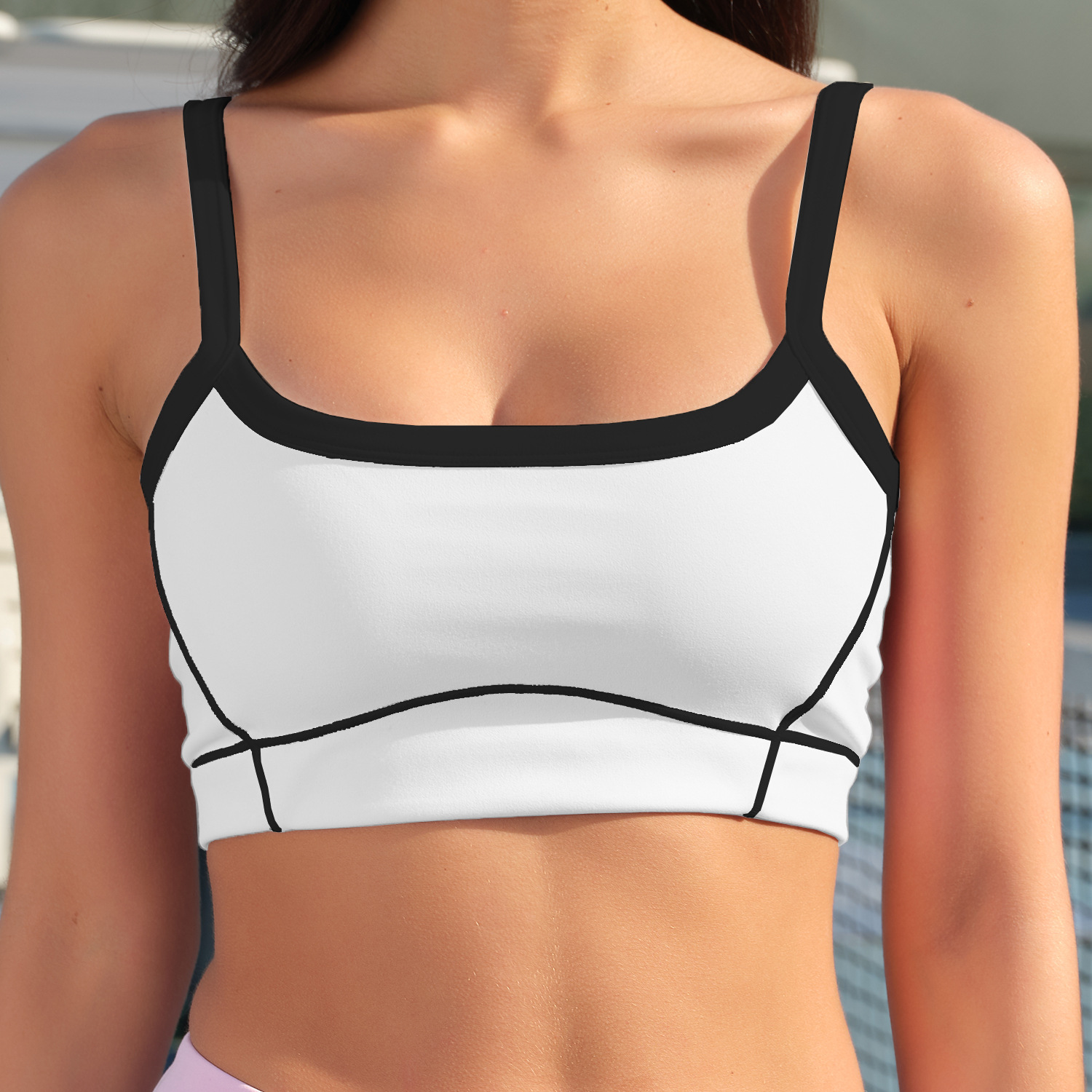 Conjunto deportivo para mujer estilo europeo y americano con efecto segunda piel, top deportivo con tirantes finos y bloques de color para yoga, conjunto deportivo para correr con control de abdomen y efecto levanta glúteos.