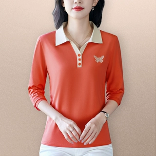 妈妈秋季洋气纯棉长袖T恤女2024新款半开领上衣中年春秋休闲小衫