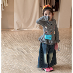 2025秋季女童韩版条纹打底衫T恤儿童洋气时髦上衣牛仔裤套装童装