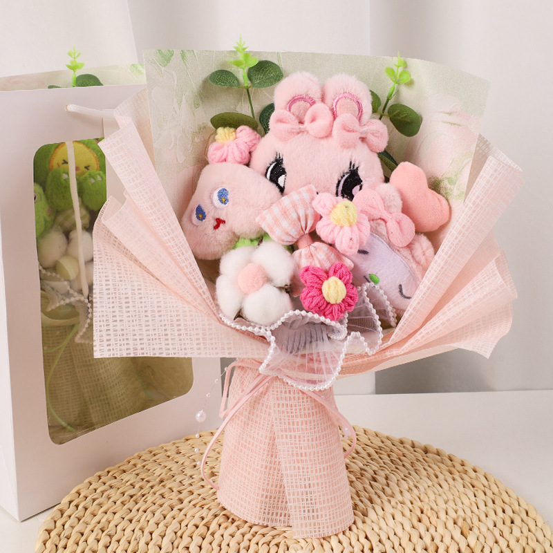 핑크색 인형 꽃다발 - 창문 선물 가방