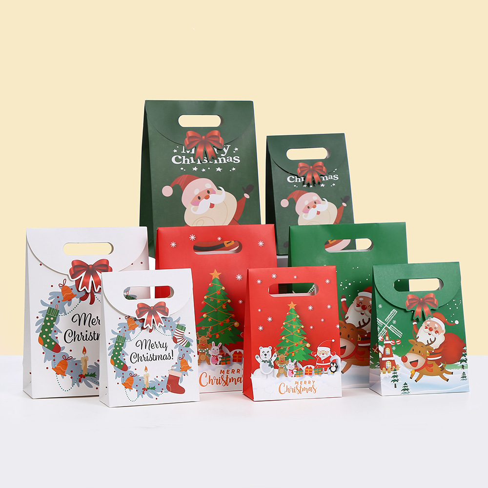 跨境圣诞节主题白卡纸包装袋 圣诞印花卡通手提袋 饼干糖果礼品袋