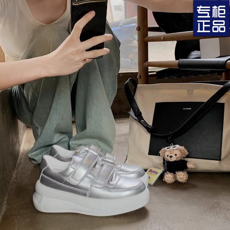 Thick-Soled Heightening Velcro White Shoes for Women 2025 Spring New Silver Casual Sports Sneakers Thick-Soled White Shoes