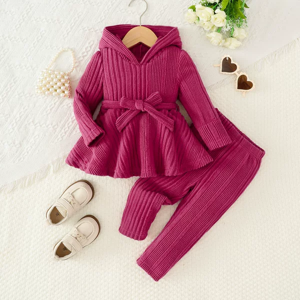 Girls' Outfit European and American Style Children's Clothing Infant Ribbed Long-Sleeve Hooded Top and Flared Pants Knitted Two-Piece Set Fashionable