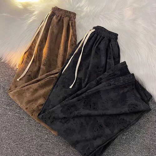 American Retro Corduroy Pants for Men, Versatile High Street Print Straight Leg Pants, Spring and Autumn Thin Wide Leg Sports Casual Pants