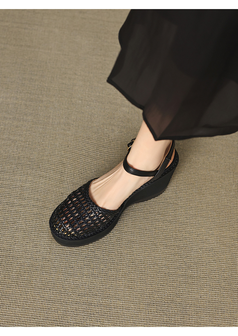 Sandal nữ da thật bít mũi đế xuồng cao gót 9 cm phong cách La Mã đan lưới — màu đen, màu trắng ngà chi tiết 6