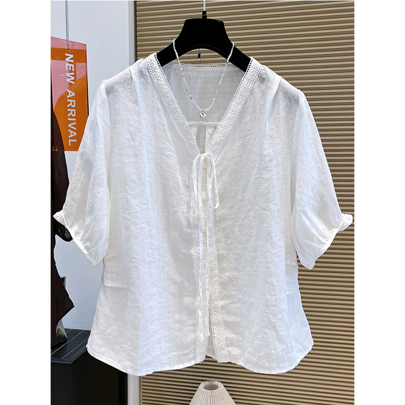 New European-style lace-front V-neck tie-front shirt for women, 2026 summer collection, cool and loose-fitting solid color blouse New European-style lace-front V-neck tie-front shirt for women, 2026 summer collection, cool and loose-fitting solid color blouse