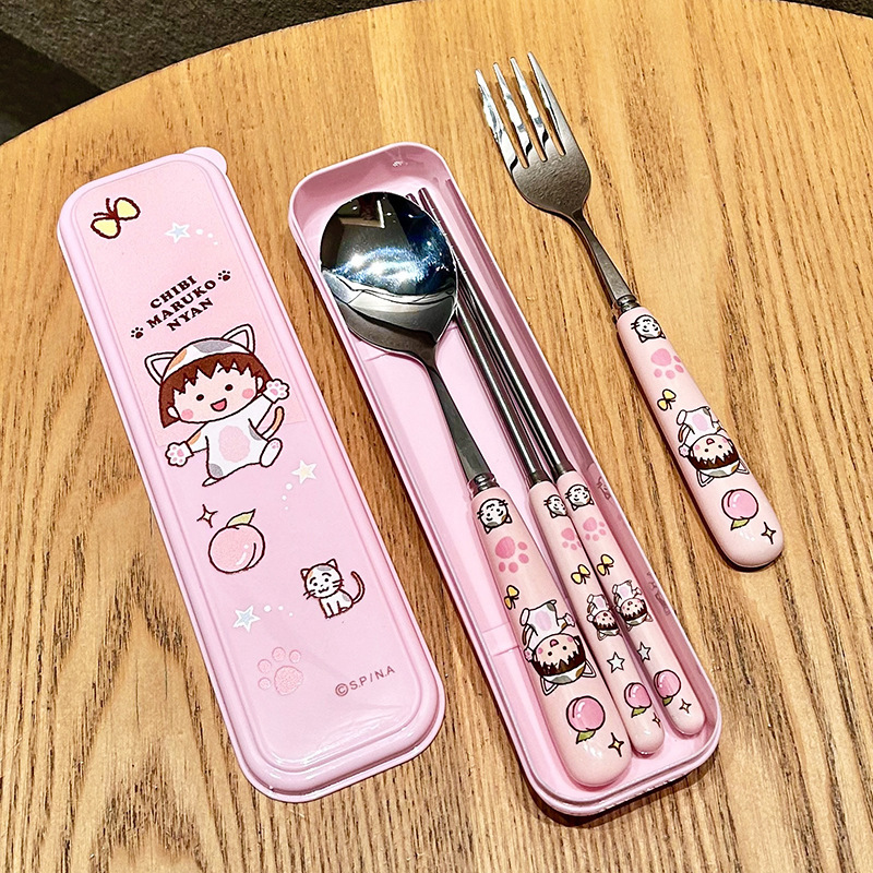 ちびまる子ちゃん304ステンレスセラミックスプーン箸かわいい寮家庭用携帯食器三点セット|undefined
