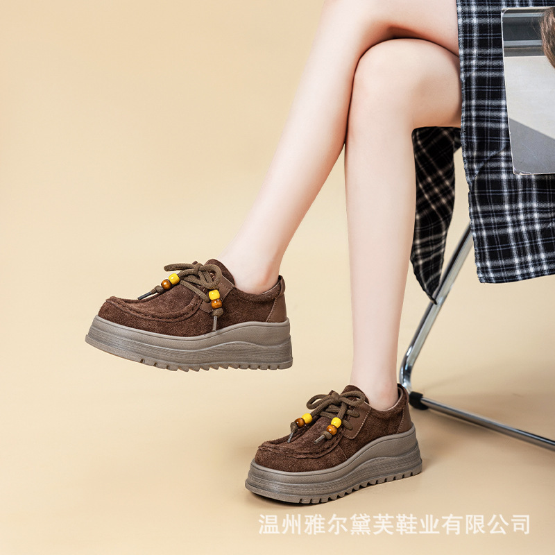 头层牛皮复古袋鼠鞋女秋季新款厚底增高乐福鞋全包系带穿珠勃肯鞋|undefined