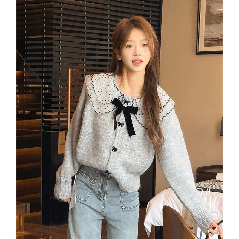 秋冬新款韩系洋气减龄宽松慵懒软糯灰色娃娃领针织开衫外套女上衣|undefined