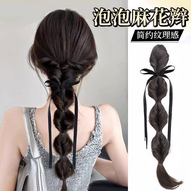 Wig clip with ribbon, bubble braids, high-end bow texture, simulated twisted braids, flower bud lantern braid tool
