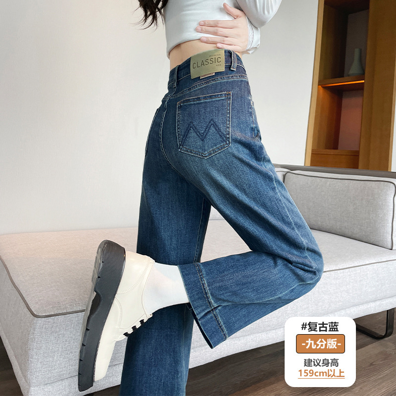 刺绣高腰阔腿牛仔裤女2025秋季新款宽松显瘦遮胯小个子九分直筒裤|undefined