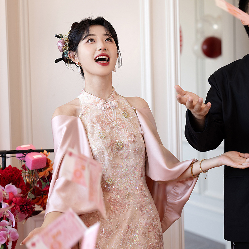 Roda de brindis de banquete rosa cheongsam mujeres 2026 nuevo vestido de compromiso chino de novia reunión anual vestido de boda mujer image 7