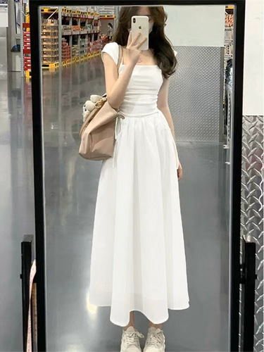 Blue Square Collar Strap Dress Women's Summer 2025 Splicing Skirt High-end Feeling Slimming Long Dress
