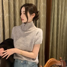 韩国chic2025早春新品法式小众气质简约高领百搭短袖针织衫女上衣