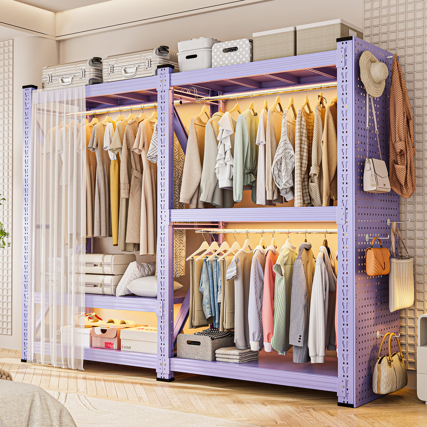 Open-Style Home Wardrobe Simple Assembly Metal Coat Rack Pegboard Combination Hanger Bedroom Rental Closet