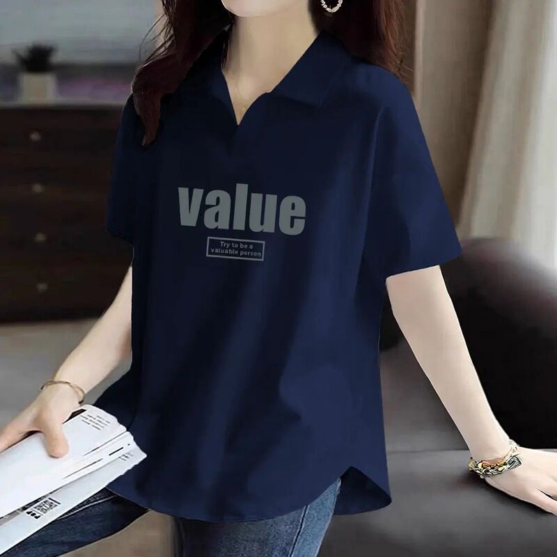 92% 綿POLO襟女装大サイズ半袖tシャツ女性ファッション夏カジュアルファッションゆるい太ったmm痩せた襟|undefined