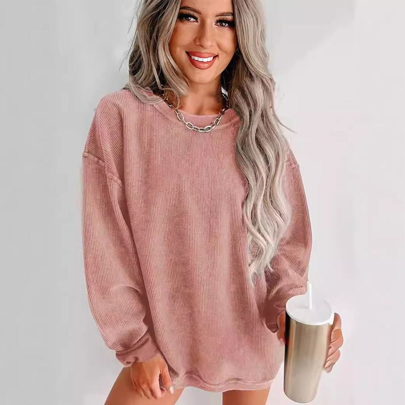 Cross Border AliExpress Autumn and Winter Women's Round Neck Corduroy Sweatshirt Casual Long Sleeve Fashion Pullover Comfortable Top