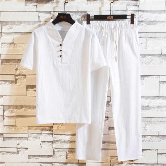 2025 Summer Thin Linen suit Men's plus size Chinese Style Loose Vintage Cotton Linen Two-piece Set