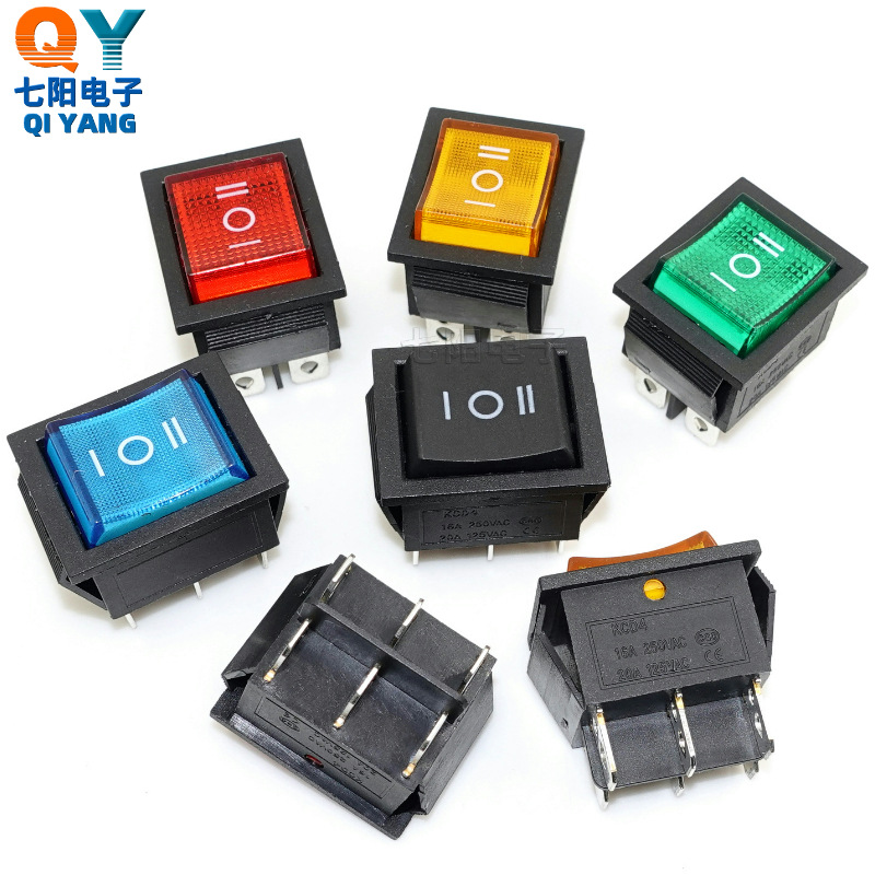 6脚3档KCD4双刀双掷三档六脚带灯翘板电源船型开关 25*31 16A25